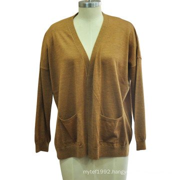 V Neck Long Sleeve Pure Color Cardigan with Pocket